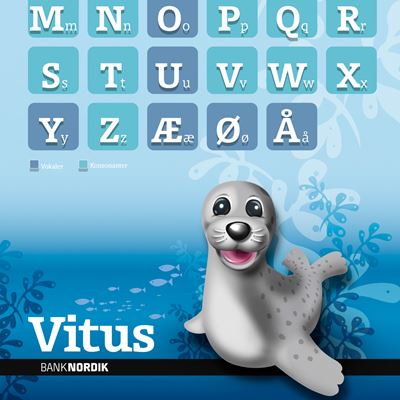 En tavle med det danske alfabet og BankNordiks maskot Vitus